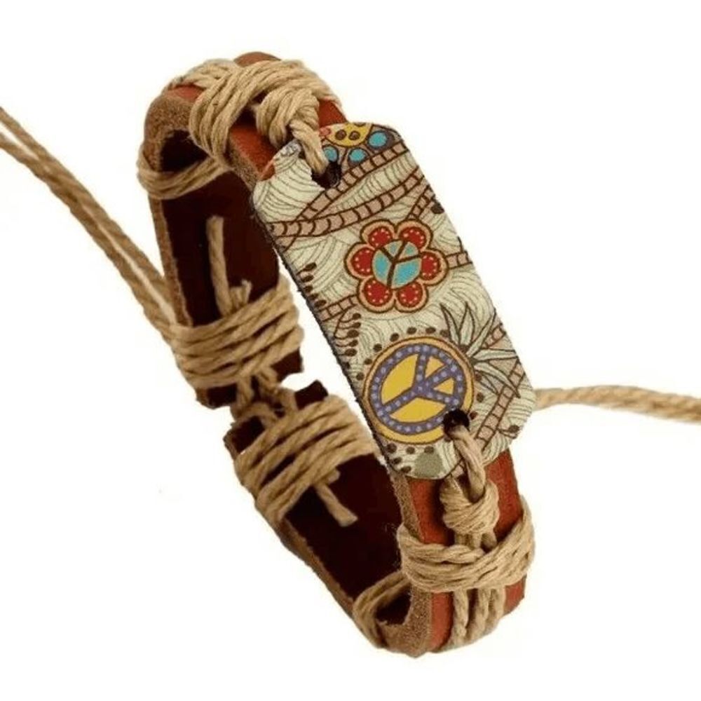 Hemp Rope Braided Leather Adjustable Peace Sign Bracelet